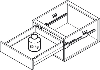 Garniture d'extension frontale, Häfele Matrix Box P50, avec galerie longitudinale rectangulaire, hauteur de côtés 115 mm, capacité de charge 50 kg