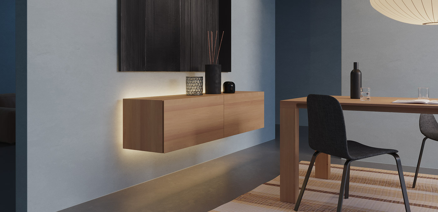 Loox5 in de woonkamer: achtergrondverlichting laat de meubels zweven.