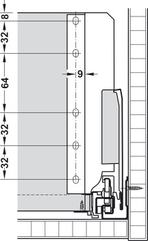 Extension frontale, Blum Tandembox antaro, avec coulisse Blumotion / Tip-On Blumotion, galerie en fil D, hauteur de système K, hauteur de côtés 115 mm