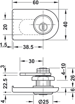 Fermeture à pêne batteur de porte en verre, avec cylindre à goupilles, axe 38,5 mm, profil standard