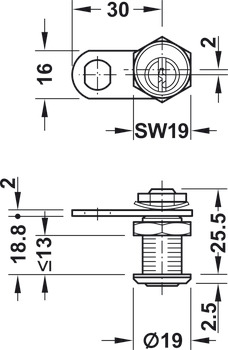Fermeture à pêne batteur, avec cylindre à goupilles, fixation d'écrou, épaisseur de la porte ≤13 mm