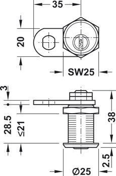 Fermeture à pêne batteur, avec cylindre à goupilles, fixation d’écrou, épaisseur de porte ≤21 mm, profil standard spécifique au client