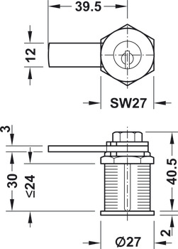 Fermeture à pêne batteur, Kaba 8, avec cylindre à goupilles, fixation d'écrou, épaisseur de la porte ≤24 mm