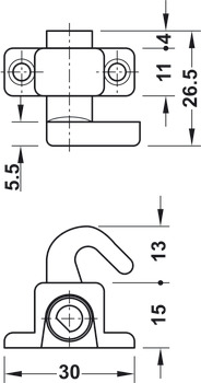 Crochet d’arrêt, pour tringles profilées diamètre 6 mm