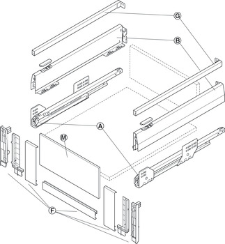 Garniture de tiroir casserolier à l'anglaise, Häfele Matrix Box P50 VIS, avec insert de façade avant et galerie longitudinale rectangulaire, hauteur de côtés 92 mm, capacité de charge 50 kg