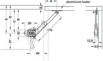 Compas, avec articulation, pour abattants avec cadre en aluminium, effet de freinage réglable