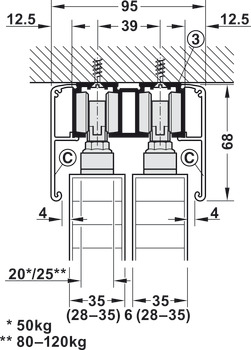 Ferrures pour portes coulissantes, Häfele Slido D-Line11 50P / 80P / 120P, garniture sans rail de roulement