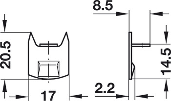 Hoeksluitplaat, voor meubelschuifgrendel, met kraag en inslagpunten