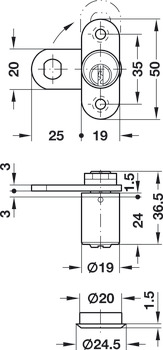 Hevelsluiting, met stiftcilinder, bevestigingsplaat, sluitweg 90° (omlegbaar, met sluitdwang), deurdikte ≤21 mm, klantspecifiek sluitsysteem