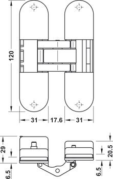 Deurscharnier, Startec H12, verdekt liggend, voor stompe binnendeuren tot 60 kg