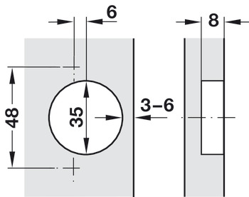 Potscharnier, Häfele Duomatic 105°, voor dunne houten deuren vanaf 10 mm, zijwandmontage