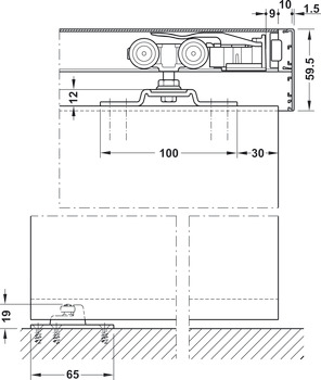 Schuifdeurbeslag, Hawa Porta 60/100 HC, garnituur met looprail