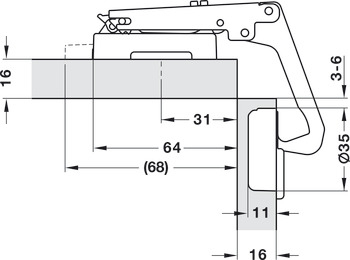 Potscharnier, Häfele Metalla 510 A/SM 70°, voor hoekkast toepassingen, zijwandmontage